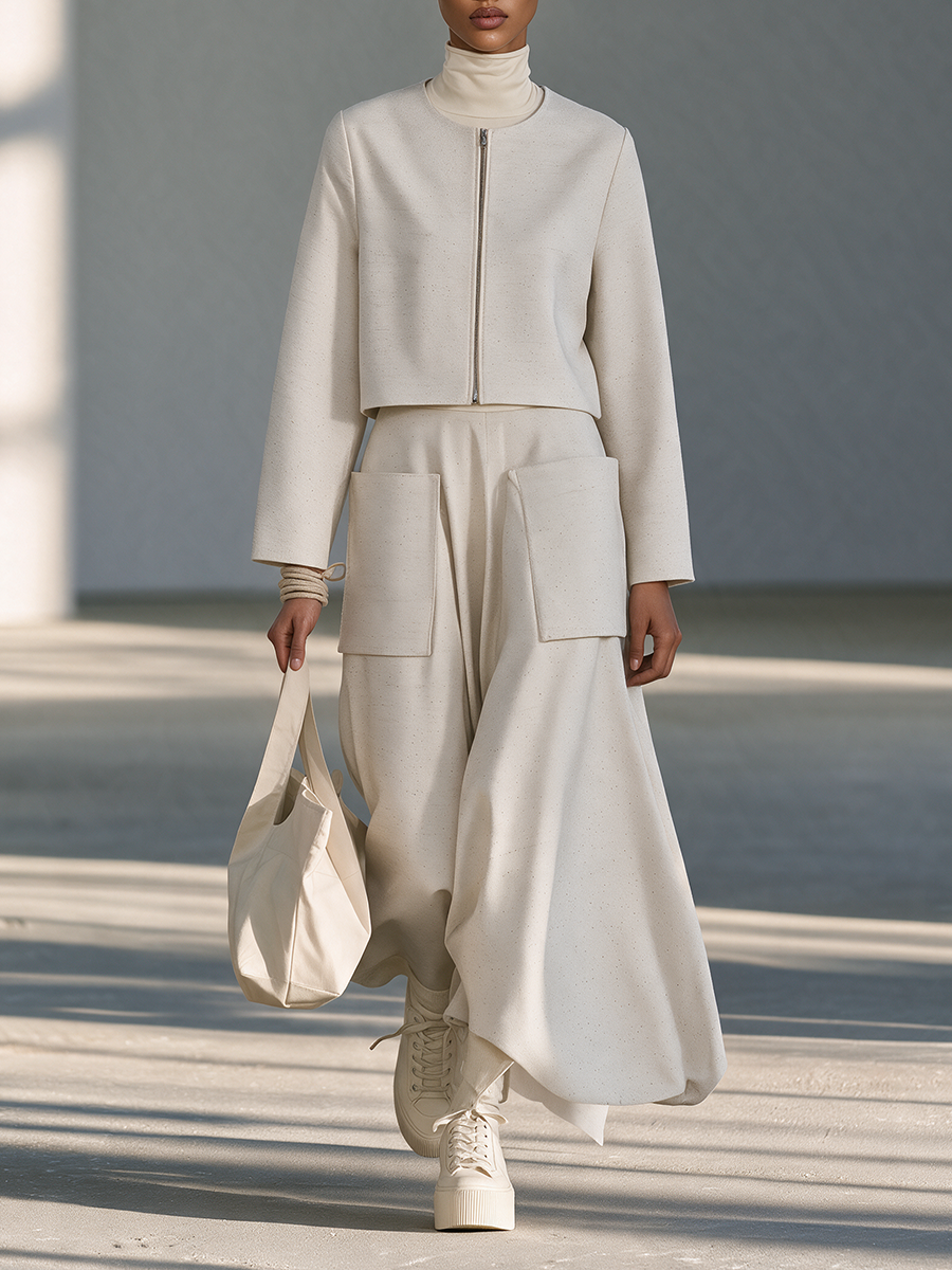 Women's Ivory Round-Neck Zip Cropped Jacket & Patch-Pocket Maxi Skirt Set
