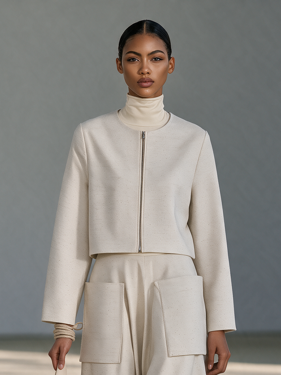 Women's Ivory Round-Neck Zip Cropped Jacket & Patch-Pocket Maxi Skirt Set