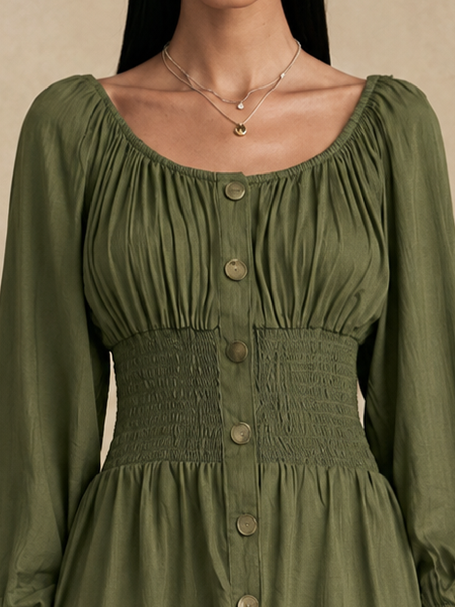 Women's Button Detail Waisted Elegant Ruffle Mini Dress