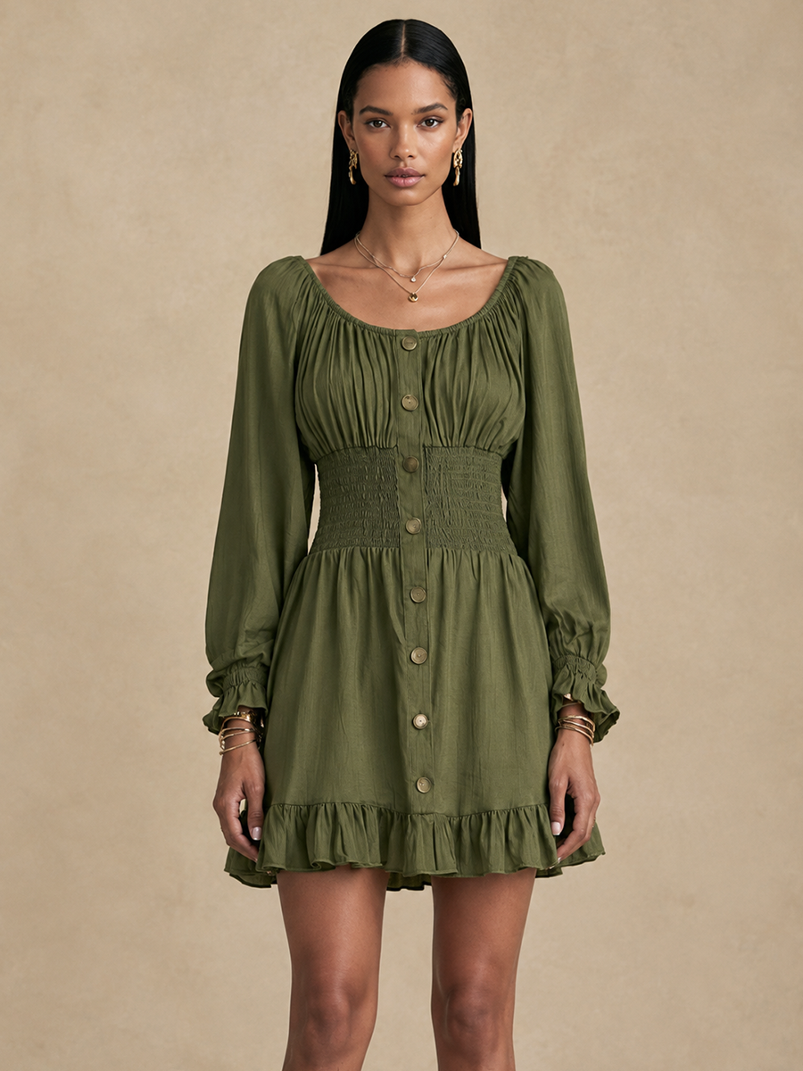 Women's Button Detail Waisted Elegant Ruffle Mini Dress