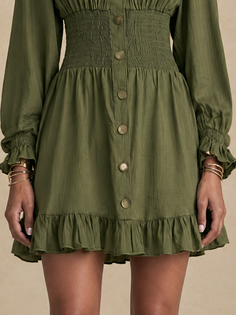 Women's Button Detail Waisted Elegant Ruffle Mini Dress