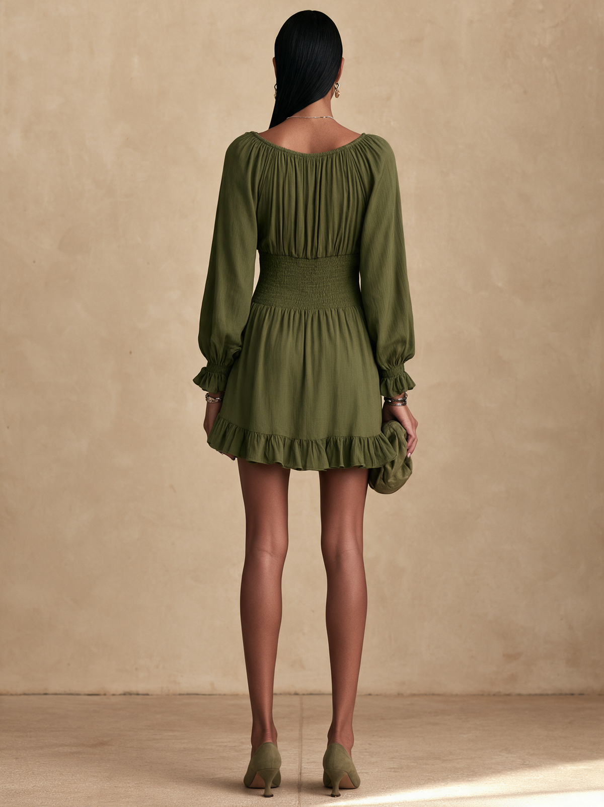 Women's Button Detail Waisted Elegant Ruffle Mini Dress