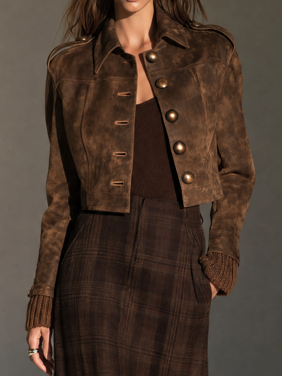 Women's Brown Collared Covered-Button Epaulette Cropped Faux-Suede Jacket