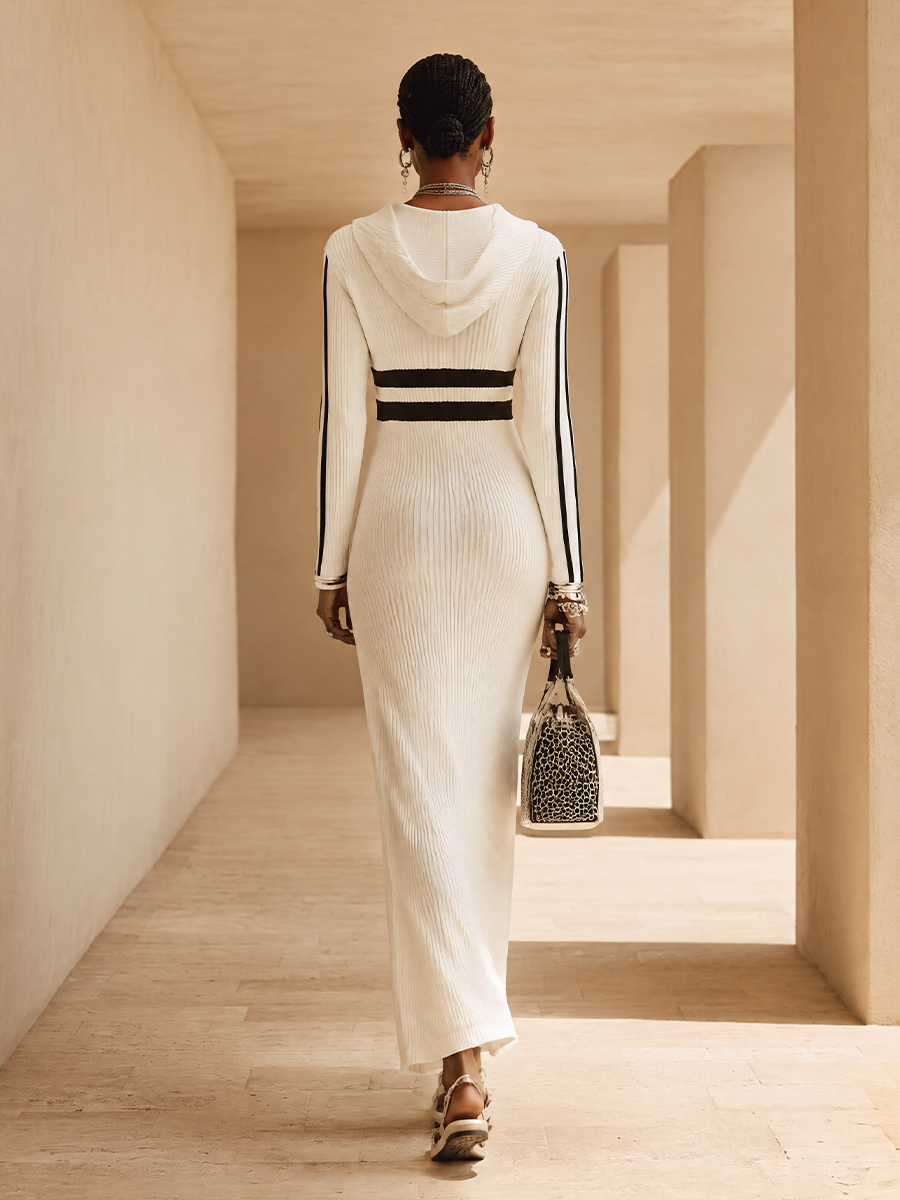 Women's Lace Panel Casual Knit Hooded Maxi Dress
