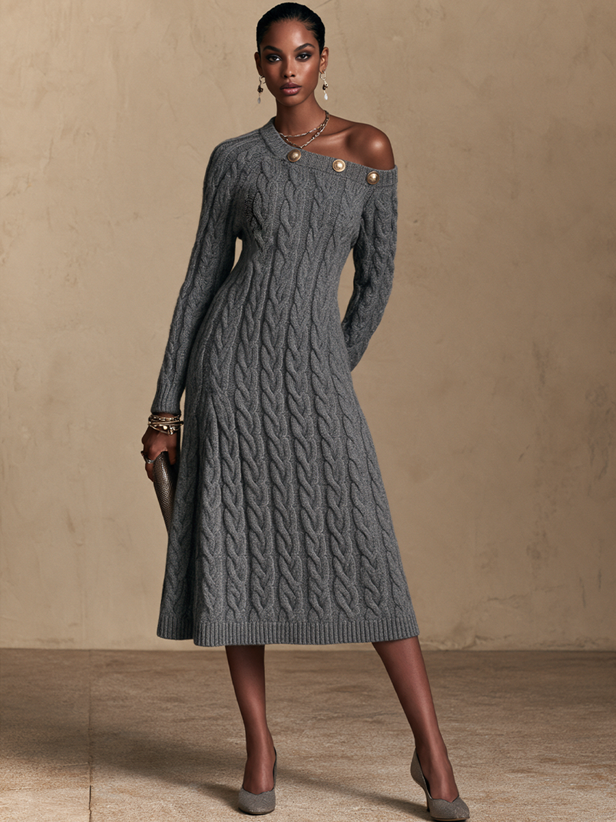 Women's Button Detail Elegant Knit Off-Shoulder Midi Dress