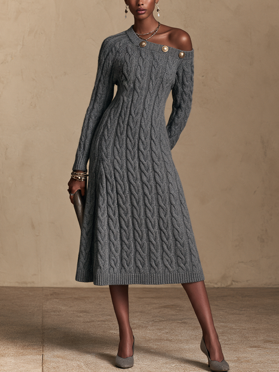 Women's Button Detail Elegant Knit Off-Shoulder Midi Dress