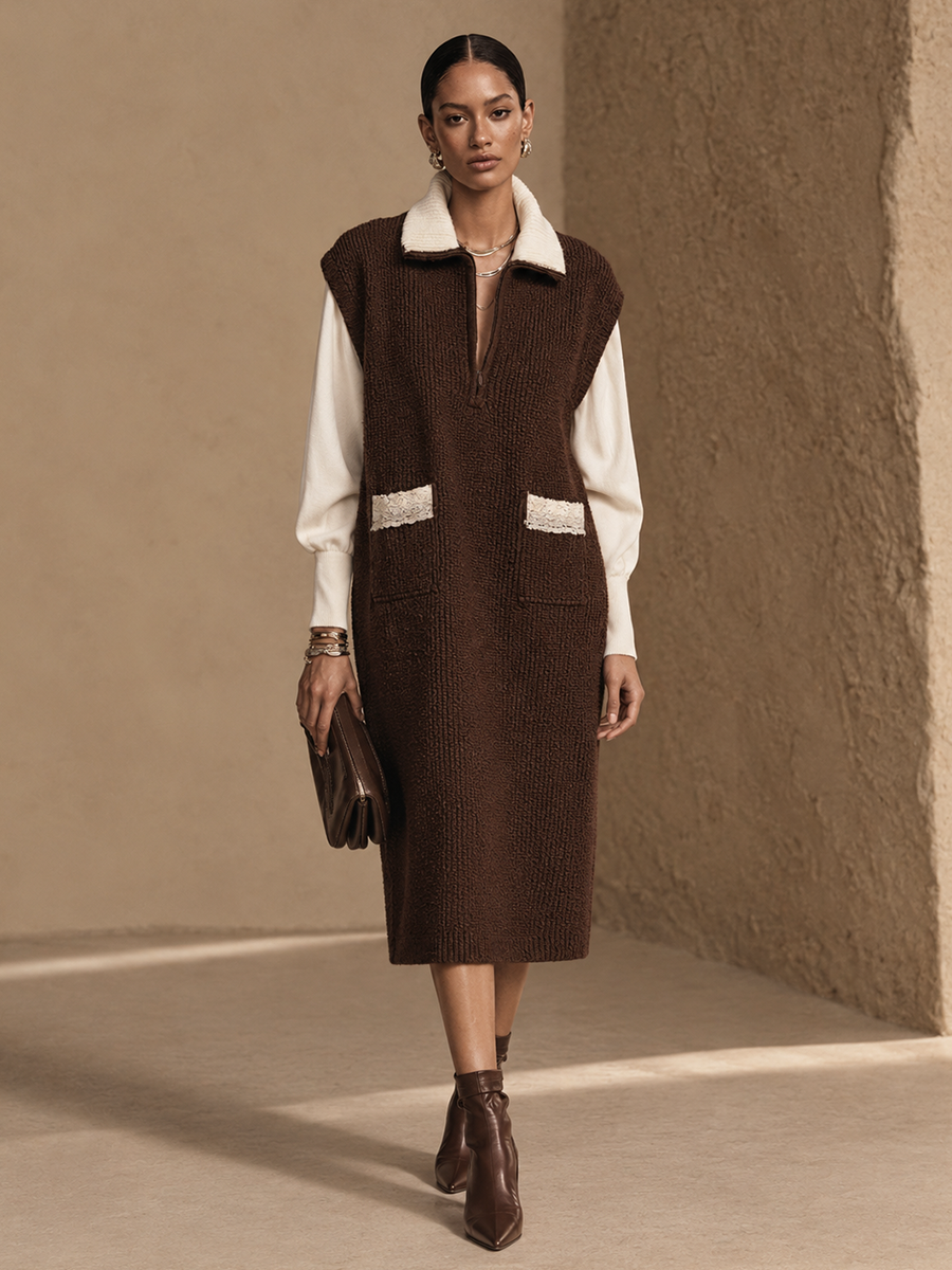 Women's Color-Blocked Relaxed Knit Lapel Midi Dress