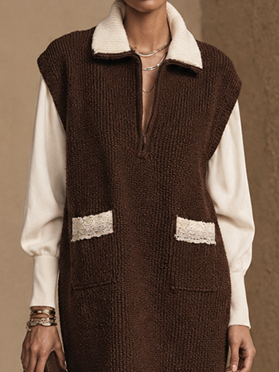 Women's Color-Blocked Relaxed Knit Lapel Midi Dress