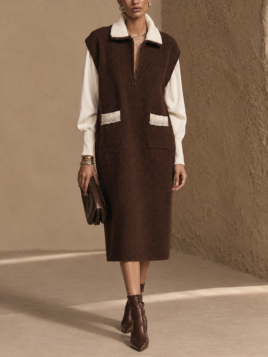 Women's Color-Blocked Relaxed Knit Lapel Midi Dress