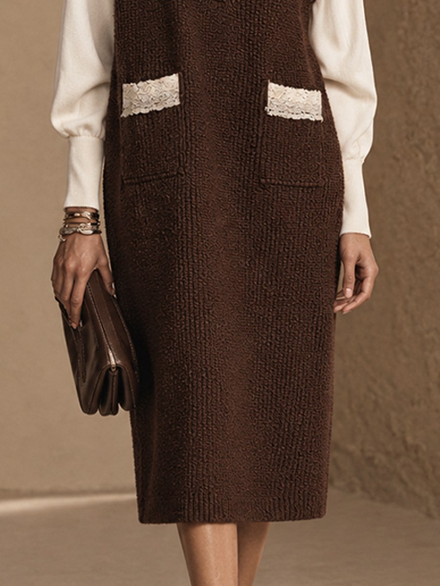 Women's Color-Blocked Relaxed Knit Lapel Midi Dress