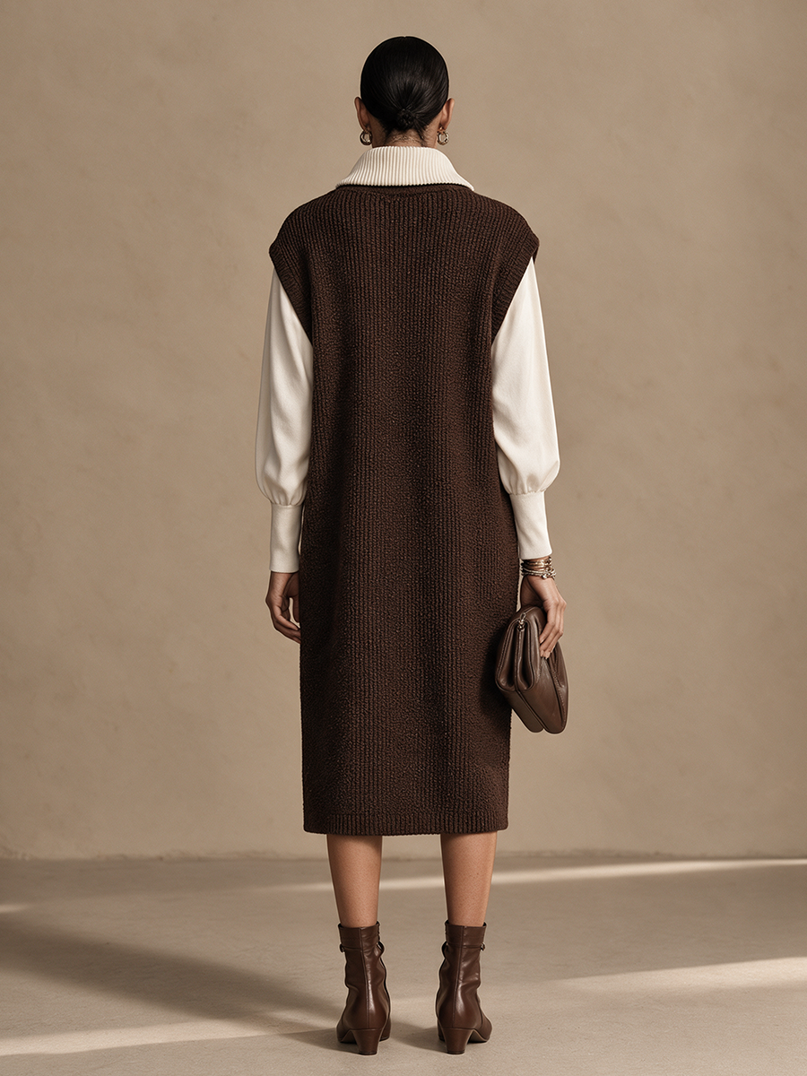 Women's Color-Blocked Relaxed Knit Lapel Midi Dress