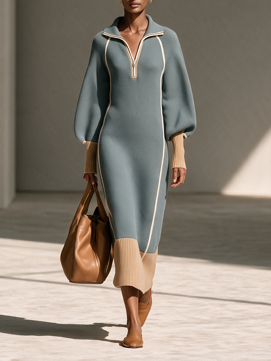 Women's Grey-Blue Collared Half-Zip Contrast-Piping Blouson-Sleeve Wool-Knit Maxi Dress