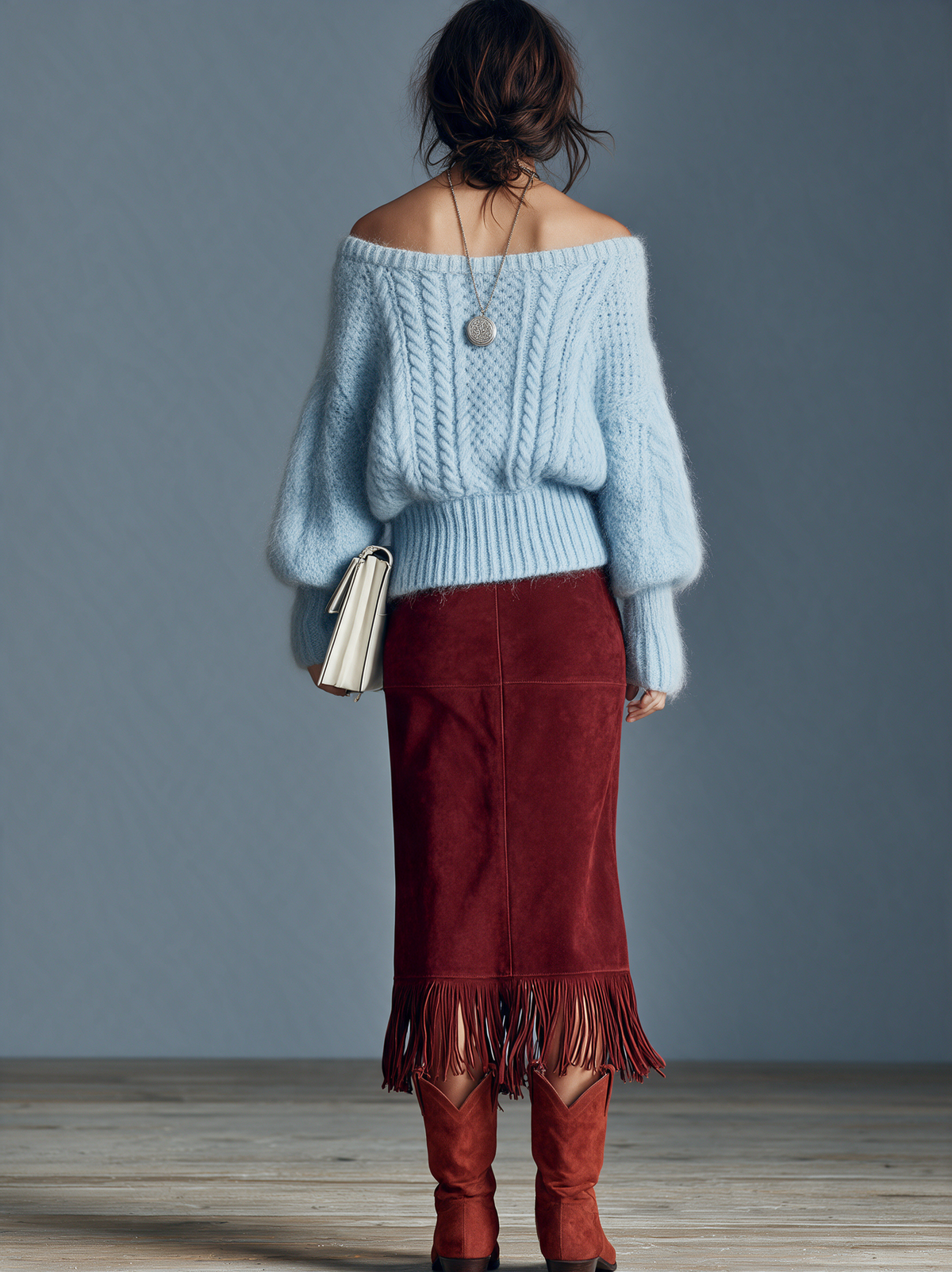 Women's Vintage Suede Straight-Cut Skirt With Fringed Hem