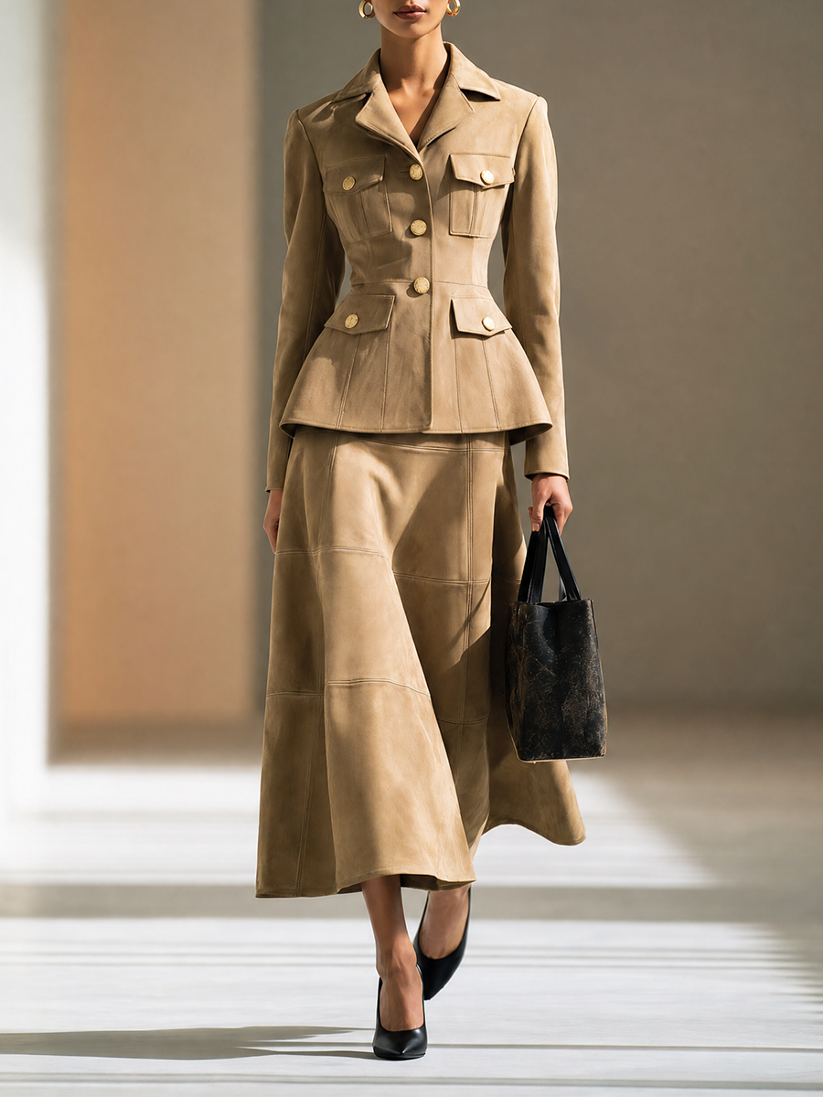 Women's Lapel Button-Front Cinched-Waist Cropped Jacket & Panelled A-Line Maxi Skirt Set