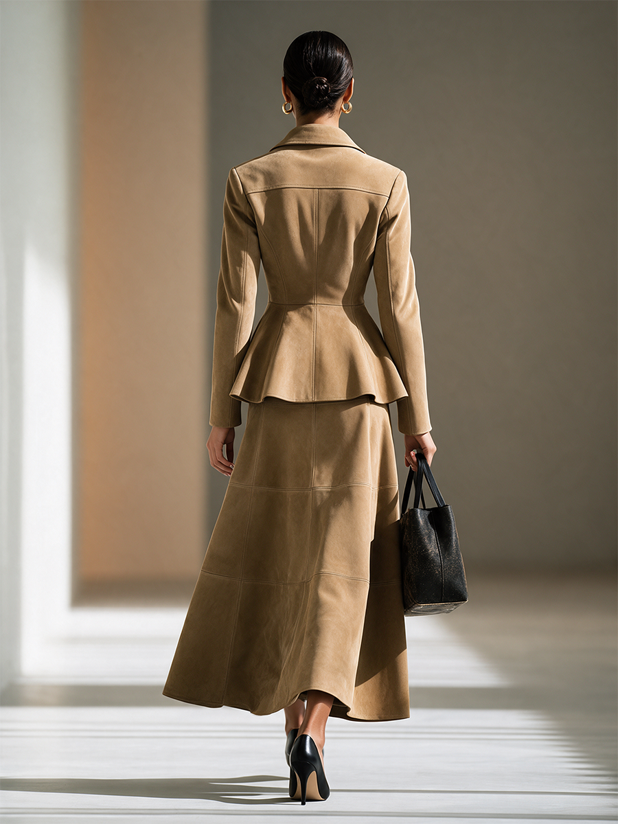 Women's Lapel Button-Front Cinched-Waist Cropped Jacket & Panelled A-Line Maxi Skirt Set