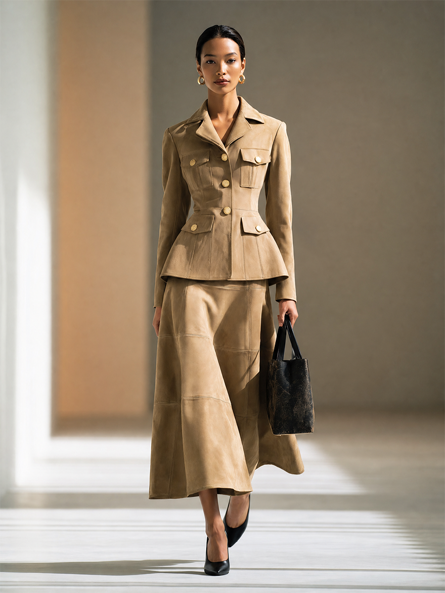 Women's Lapel Button-Front Cinched-Waist Cropped Jacket & Panelled A-Line Maxi Skirt Set