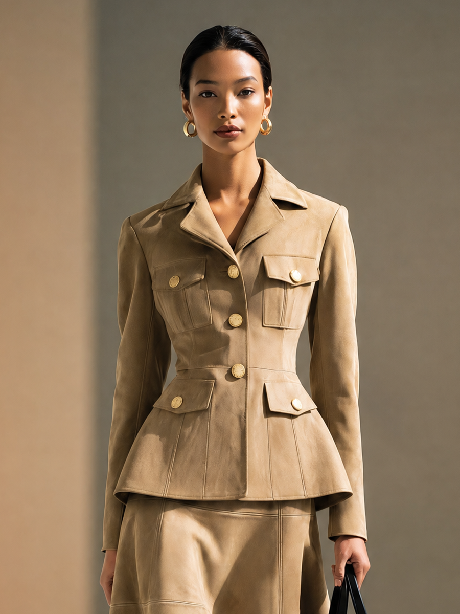Women's Lapel Button-Front Cinched-Waist Cropped Jacket & Panelled A-Line Maxi Skirt Set