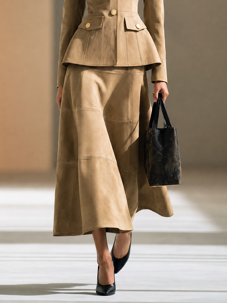 Women's Lapel Button-Front Cinched-Waist Cropped Jacket & Panelled A-Line Maxi Skirt Set