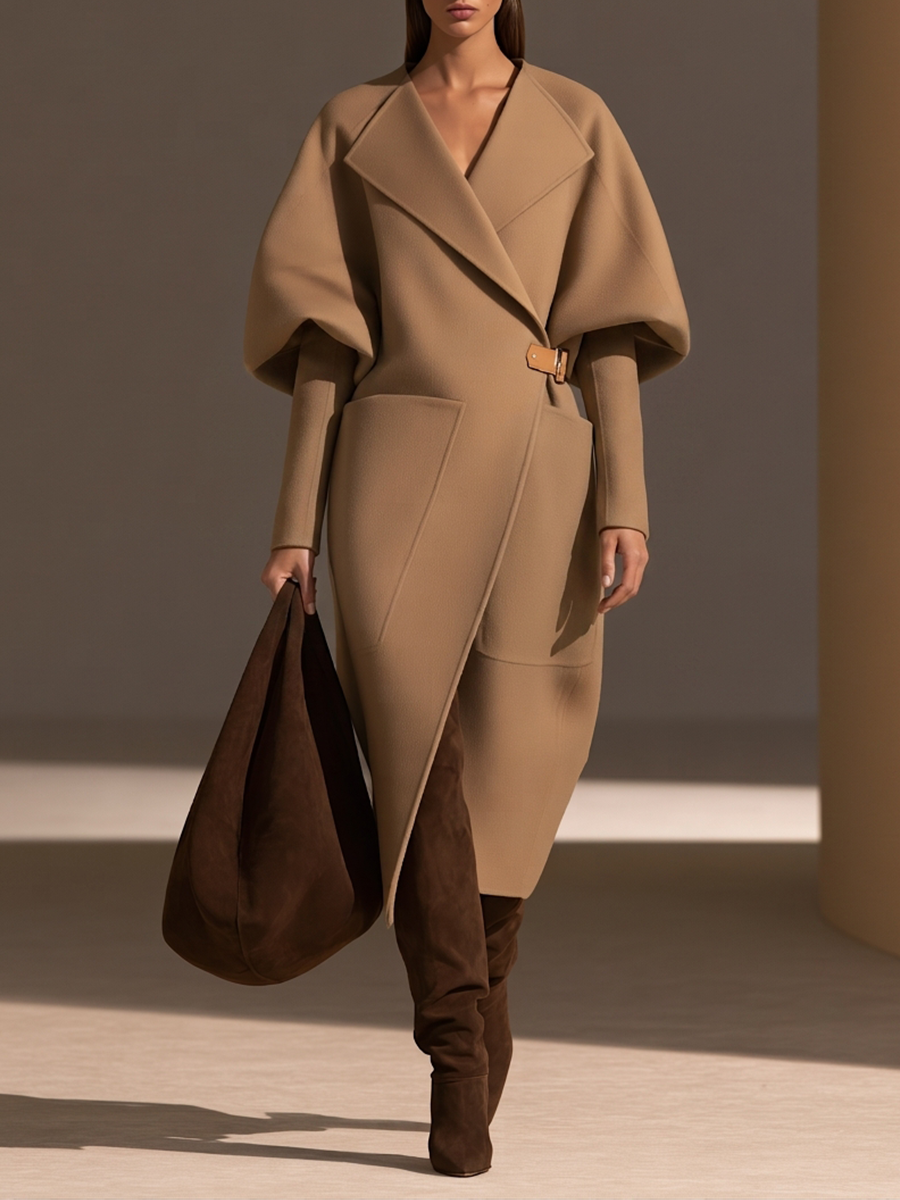 Women's Oversized-Lapel Cocoon Puff-Sleeve Leather-Buckle Belted Patch-Pocket Longline Wool Coat