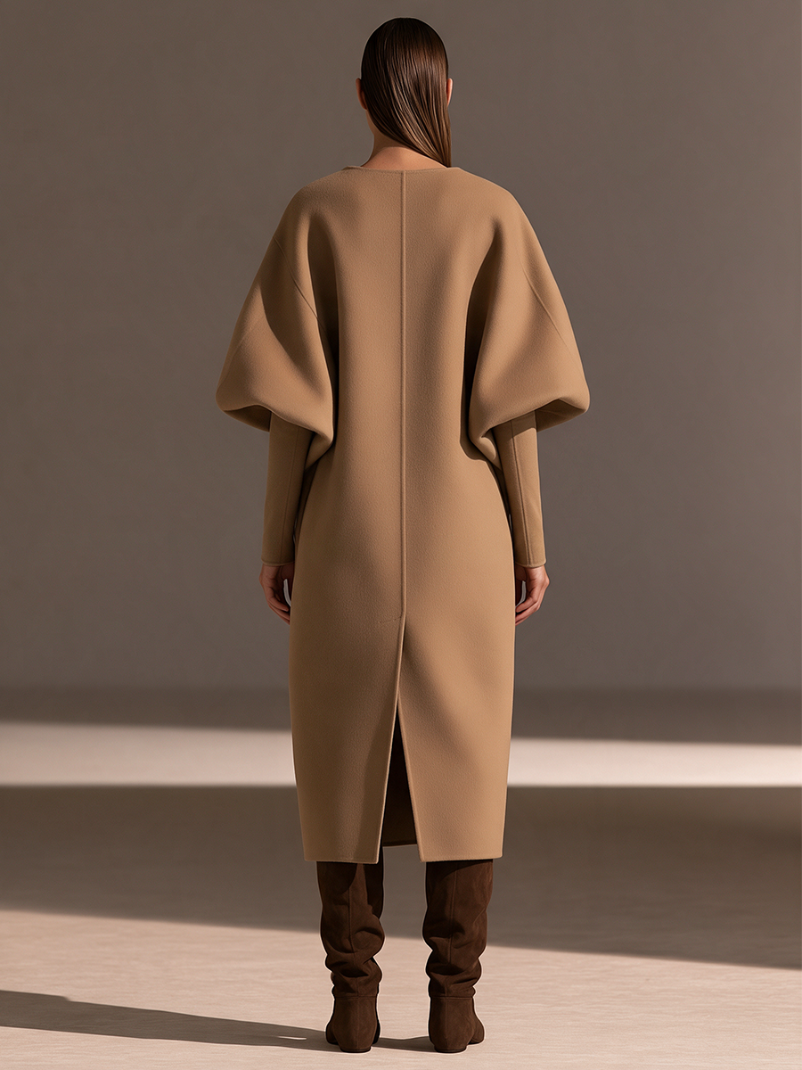Women's Oversized-Lapel Cocoon Puff-Sleeve Leather-Buckle Belted Patch-Pocket Longline Wool Coat