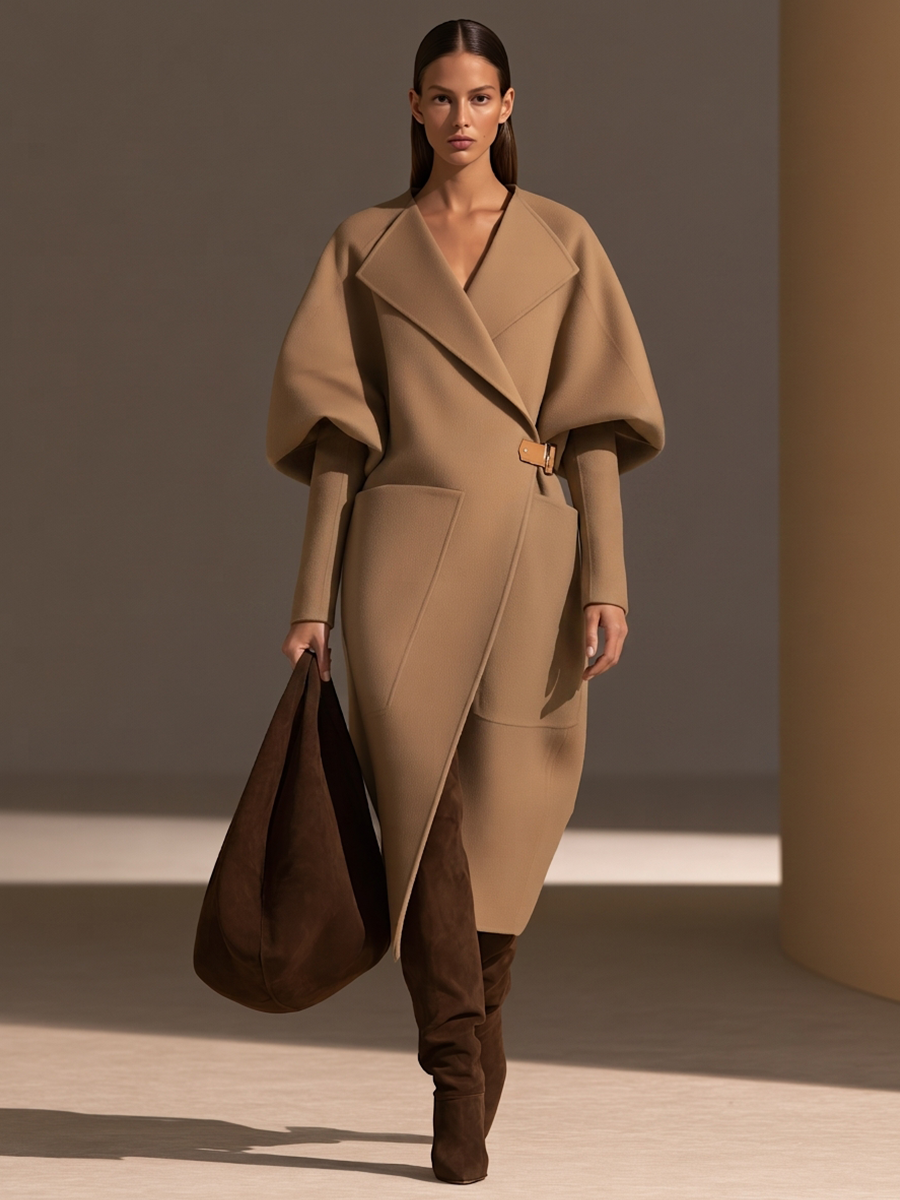 Women's Oversized-Lapel Cocoon Puff-Sleeve Leather-Buckle Belted Patch-Pocket Longline Wool Coat