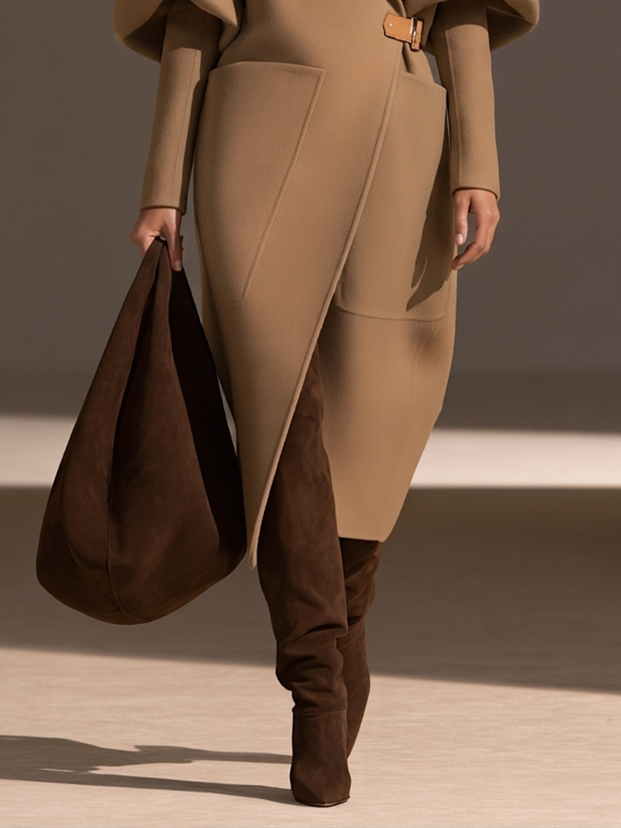 Women's Oversized-Lapel Cocoon Puff-Sleeve Leather-Buckle Belted Patch-Pocket Longline Wool Coat