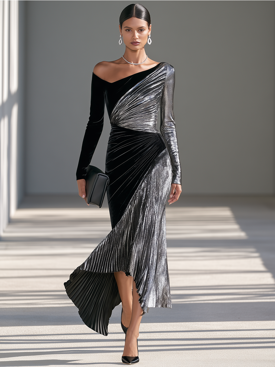 Women's Black-and-Silver Contrast Asymmetric One-Shoulder Long-Sleeve Velvet-and-Metallic-Plissé Mermaid Maxi Dress