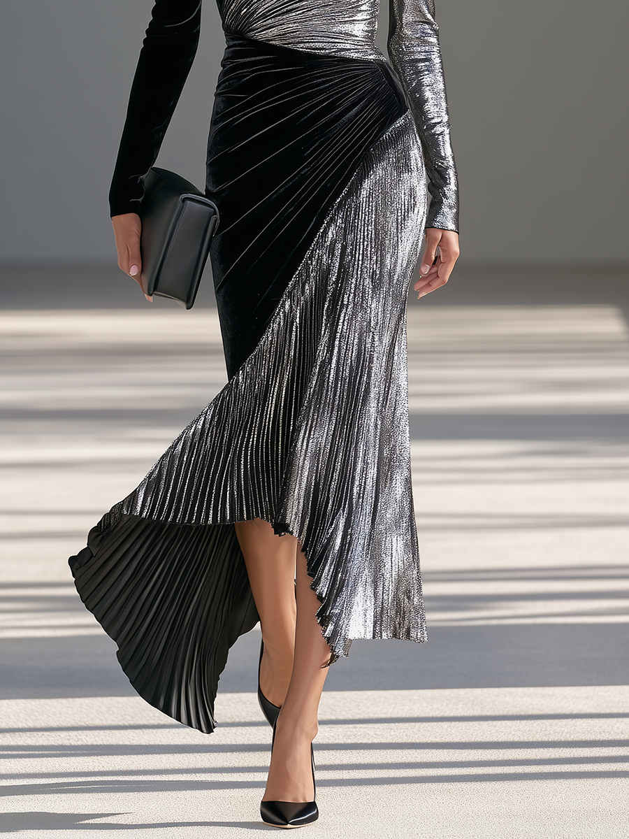 Women's Black-and-Silver Contrast Asymmetric One-Shoulder Long-Sleeve Velvet-and-Metallic-Plissé Mermaid Maxi Dress