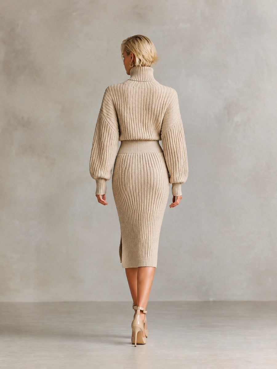 Women's Ribbed Knit Turtleneck Sweater & Split Midi Skirt Two-Piece Set