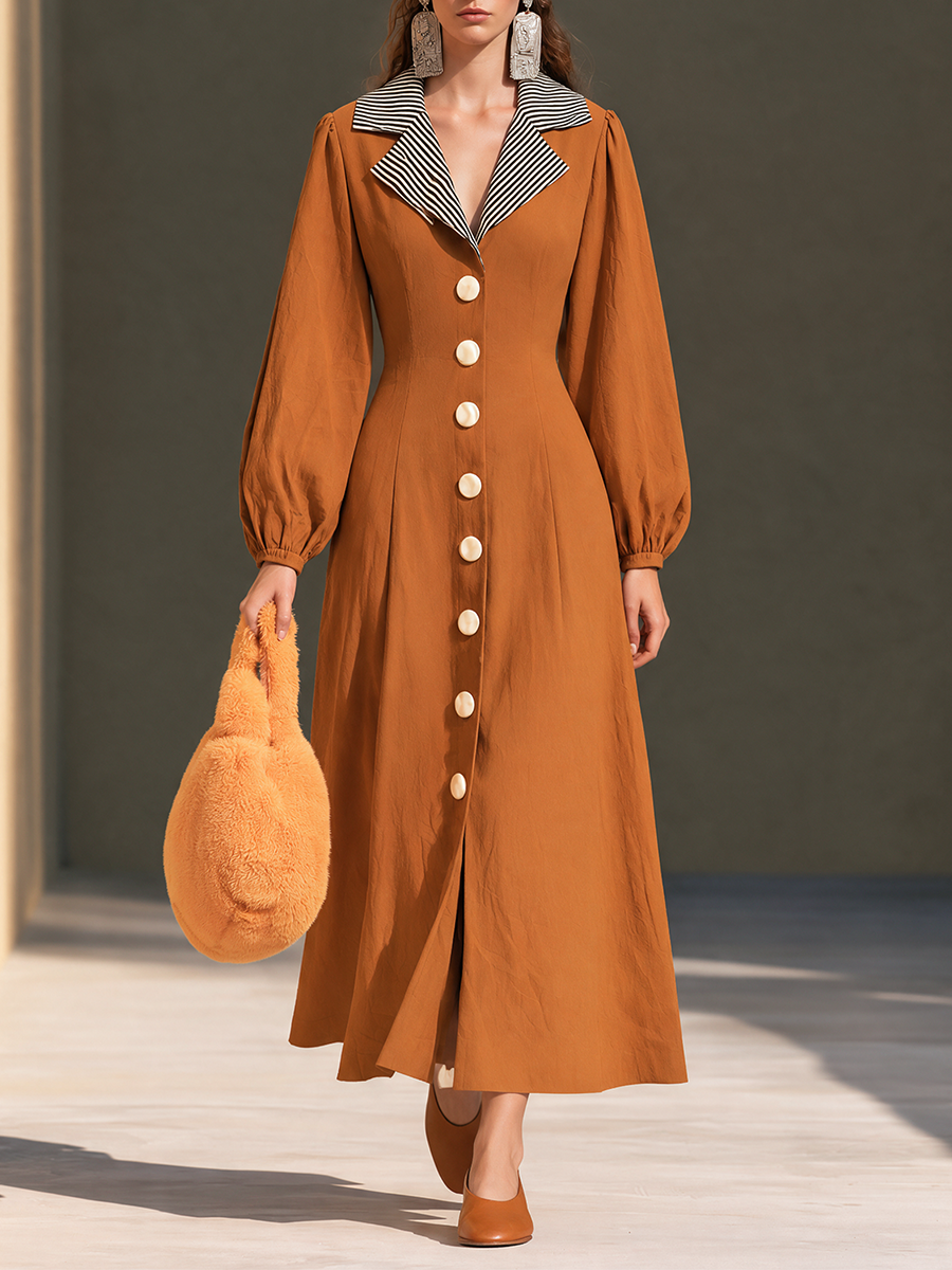 Women's Striped-Lapel Covered-Button Blouson-Sleeve Cinched-Waist Full-Skirt Maxi Dress