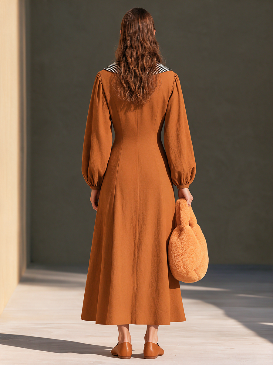 Women's Striped-Lapel Covered-Button Blouson-Sleeve Cinched-Waist Full-Skirt Maxi Dress