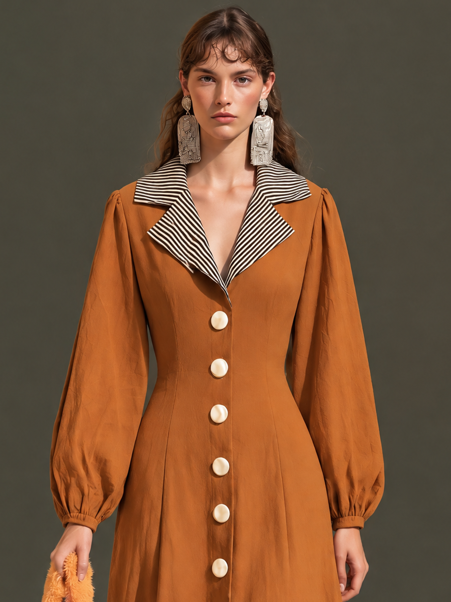 Women's Striped-Lapel Covered-Button Blouson-Sleeve Cinched-Waist Full-Skirt Maxi Dress