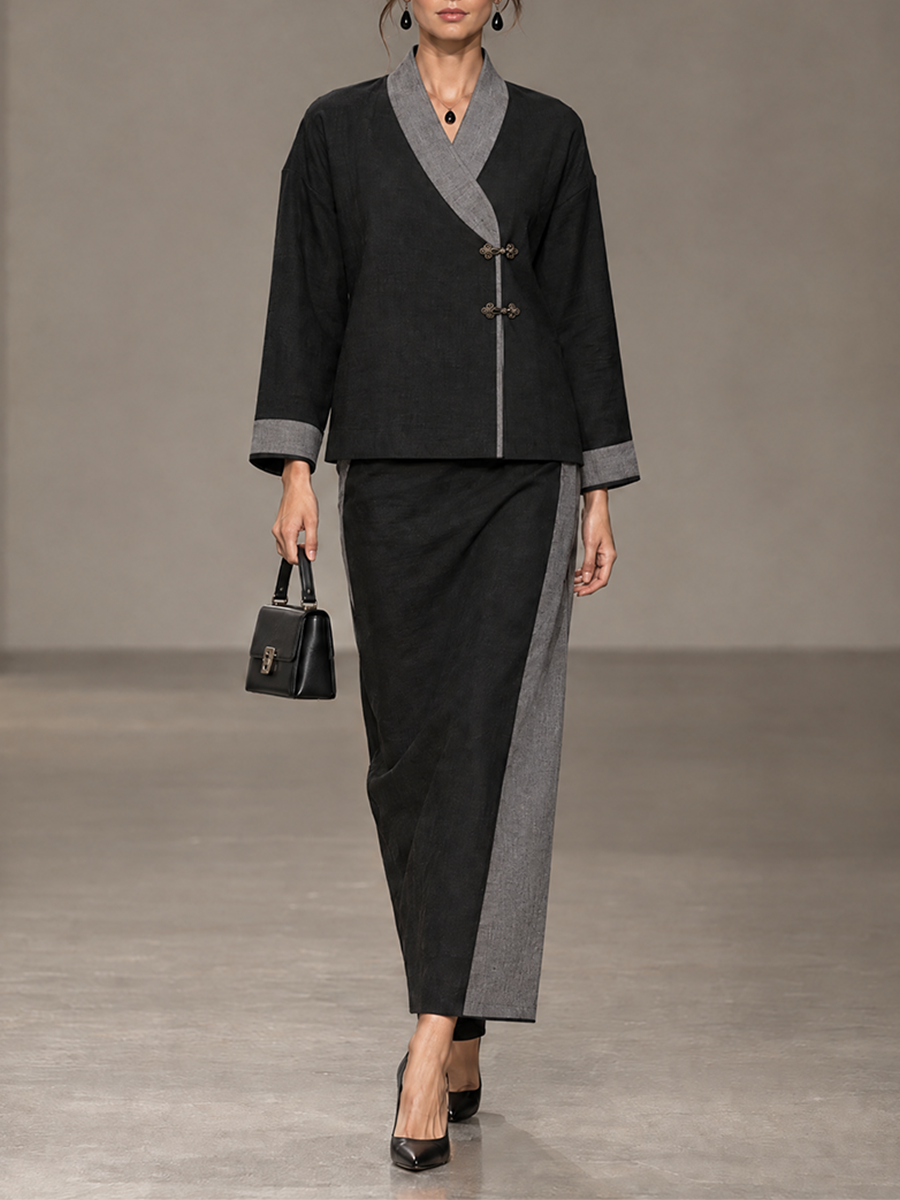 Women's Contrast-Trim Frog-Button Drop-Shoulder Wrap-Collar Top & Side-Panel Skirt New Chinese-Style Set