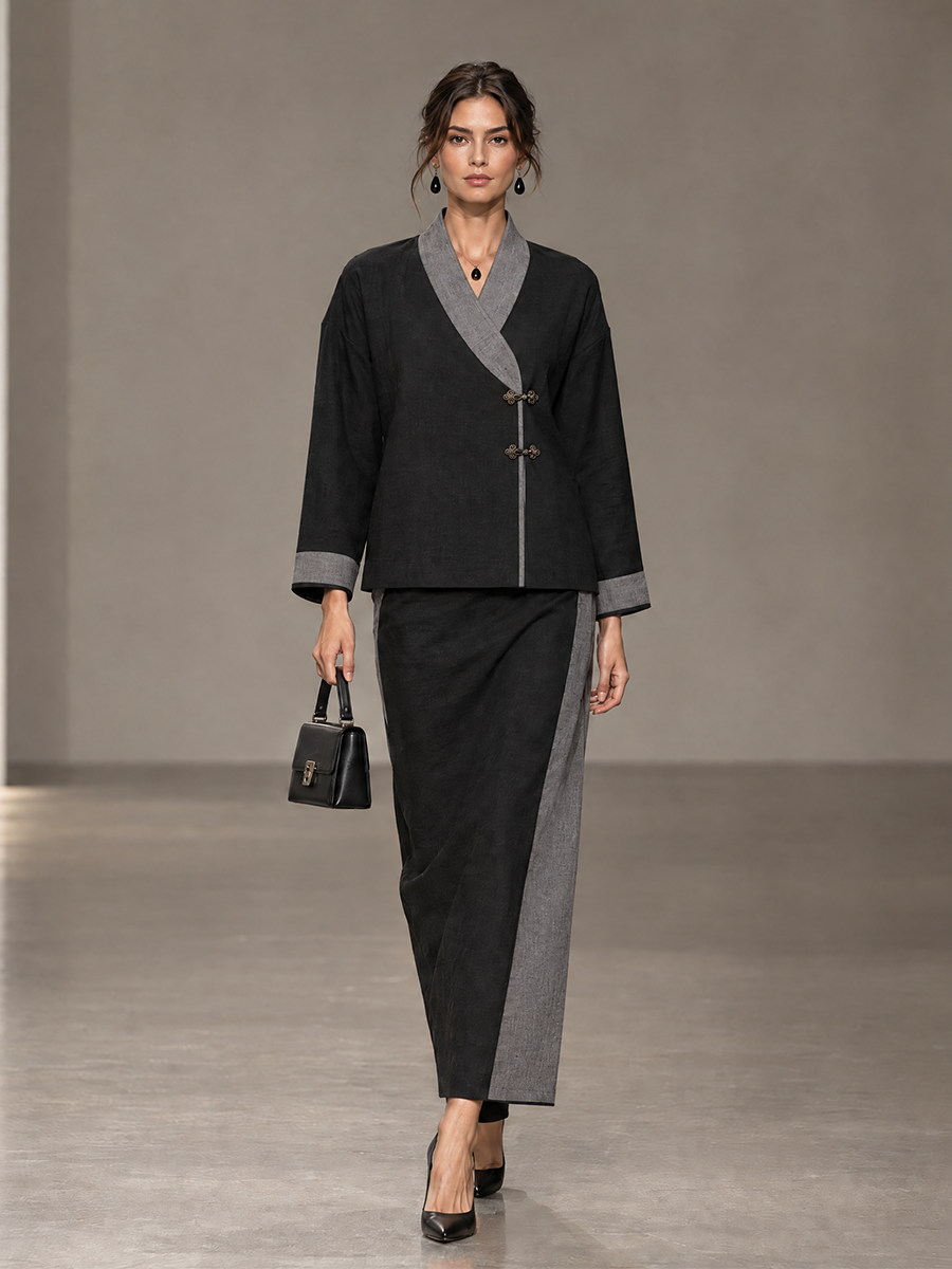 Women's Contrast-Trim Frog-Button Drop-Shoulder Wrap-Collar Top & Side-Panel Skirt New Chinese-Style Set