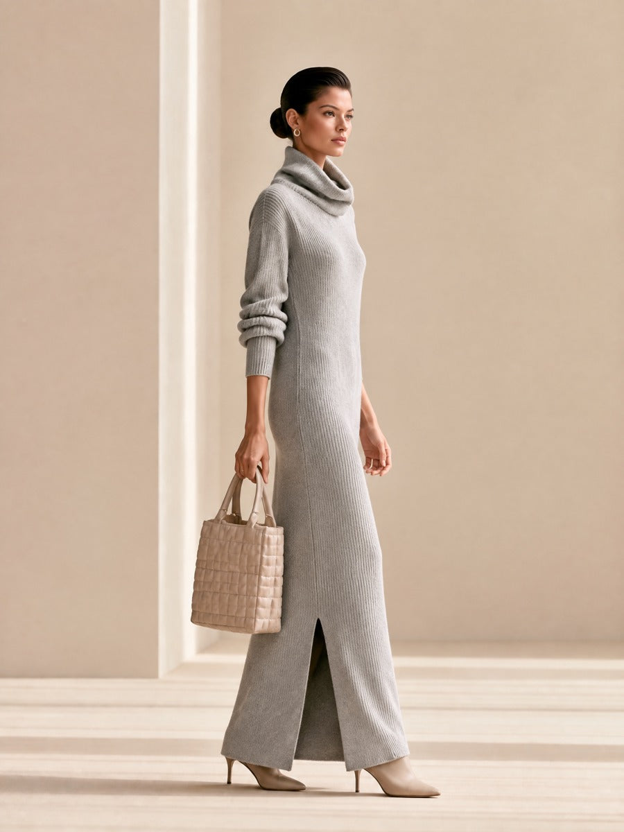 Women's Turtleneck Ribbed Knit Sweater Maxi Dress with Side Slit