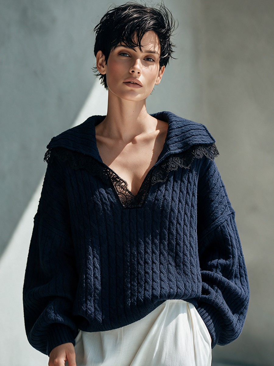 Women's Cable-Knit Top With Oversized Collar And Lace Inset