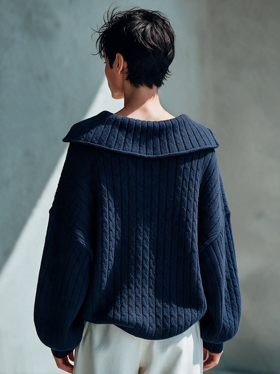 Women's Cable-Knit Top With Oversized Collar And Lace Inset