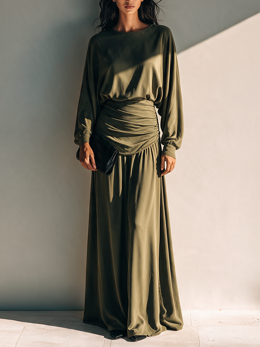 Women's Long-Sleeve Knitted Maxi Dress With Pleated Waist