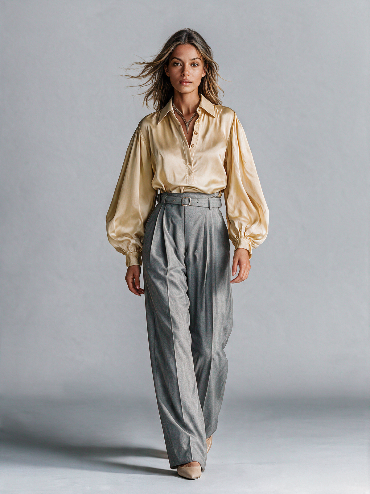 Women's Satin Acetate Lantern Sleeve Shirt