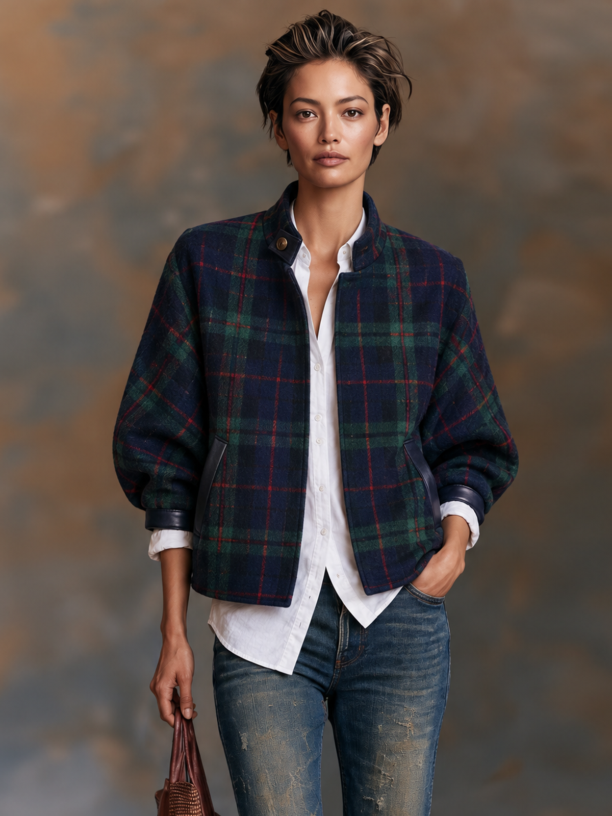 Women's Vintage-Style Plaid Wool-Blend Cropped Jacket With Leather Panels