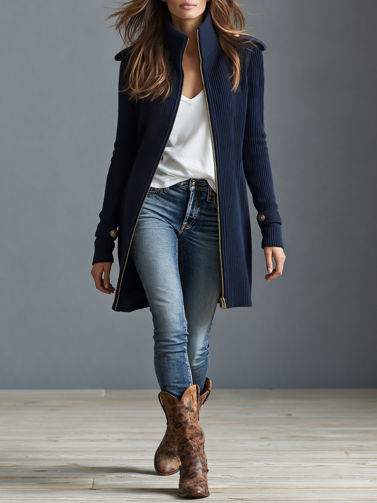 Women's Vintage Ribbed Cardigan With Zipper And Epaulets