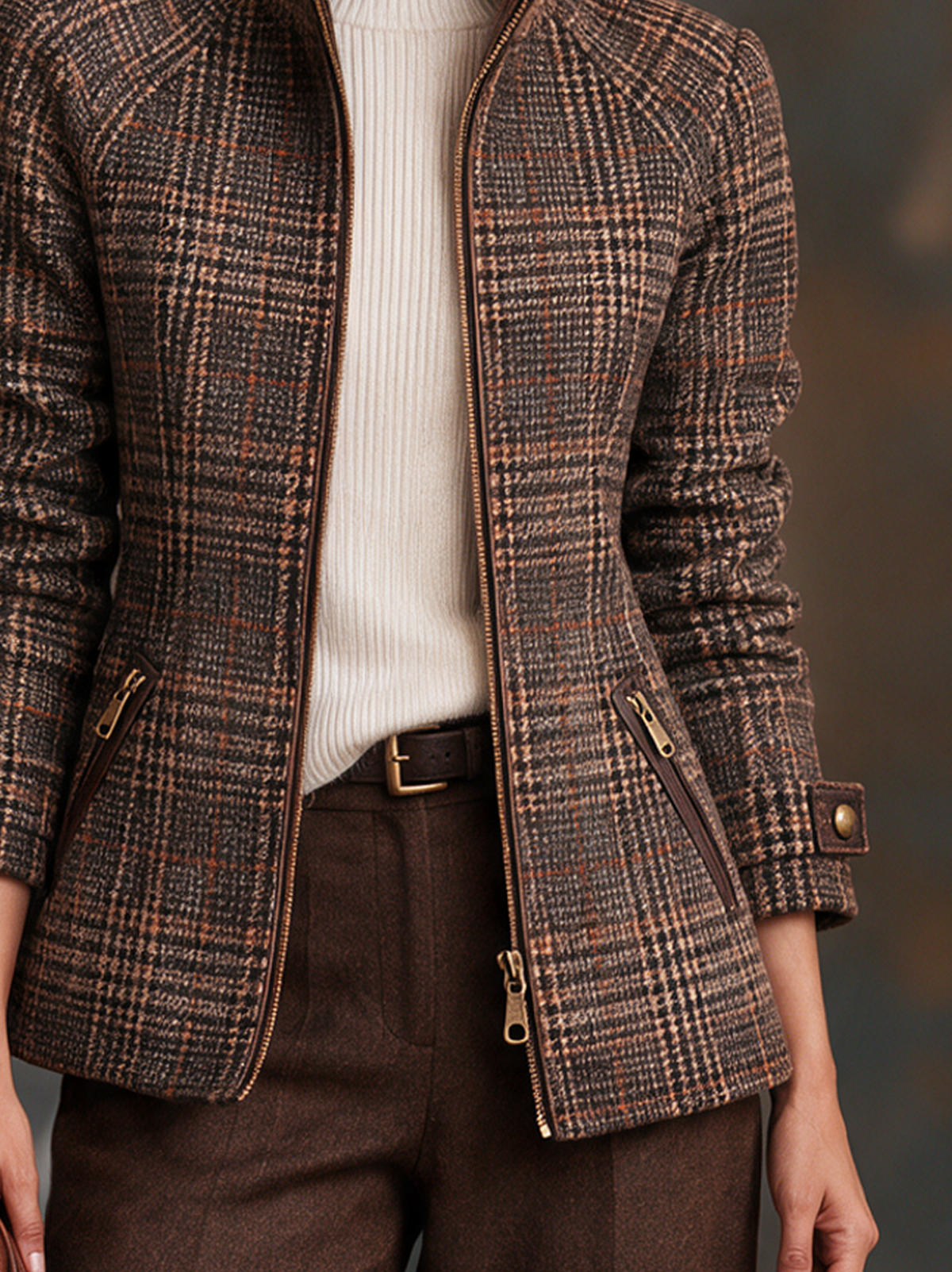 Women's Vintage Plaid Wool-Blend Zip-Up Jacket With Stand Collar