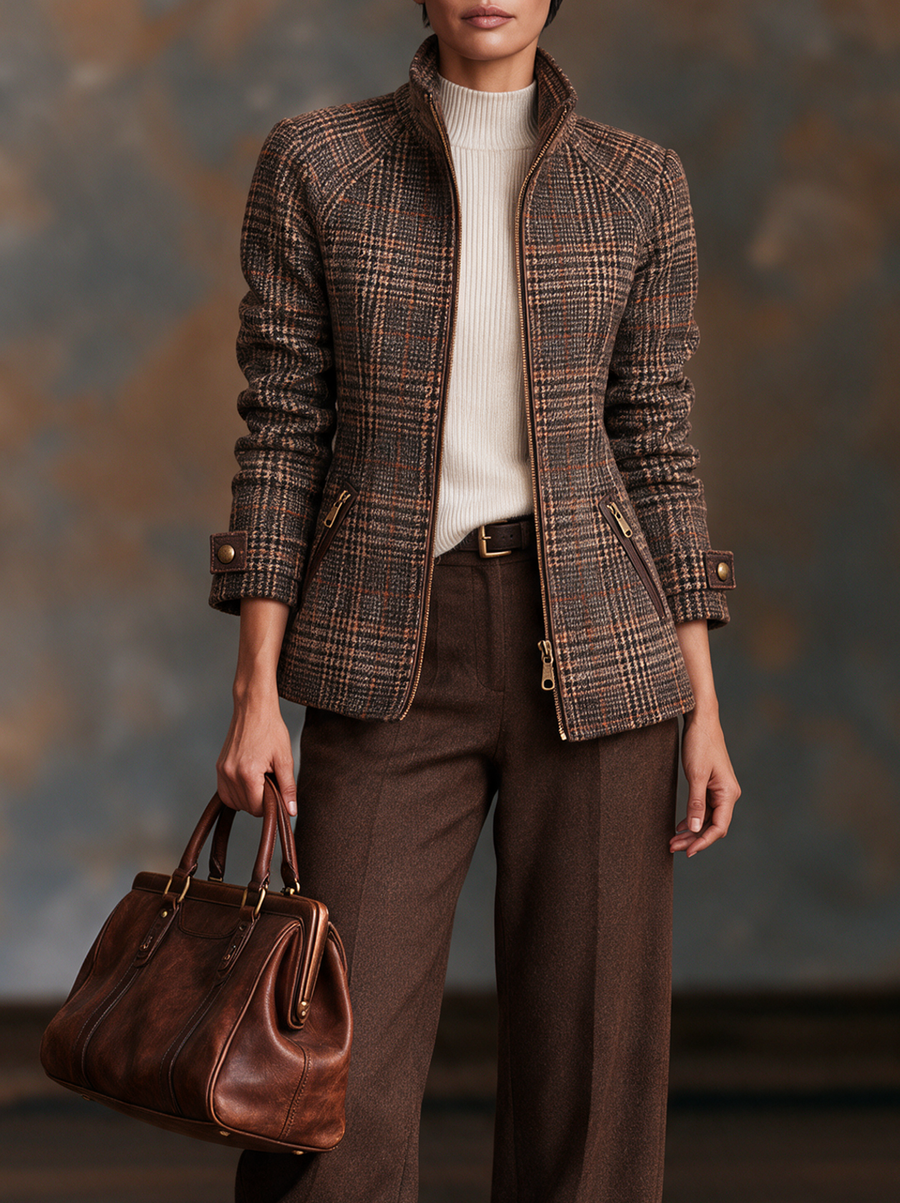 Women's Vintage Plaid Wool-Blend Zip-Up Jacket With Stand Collar