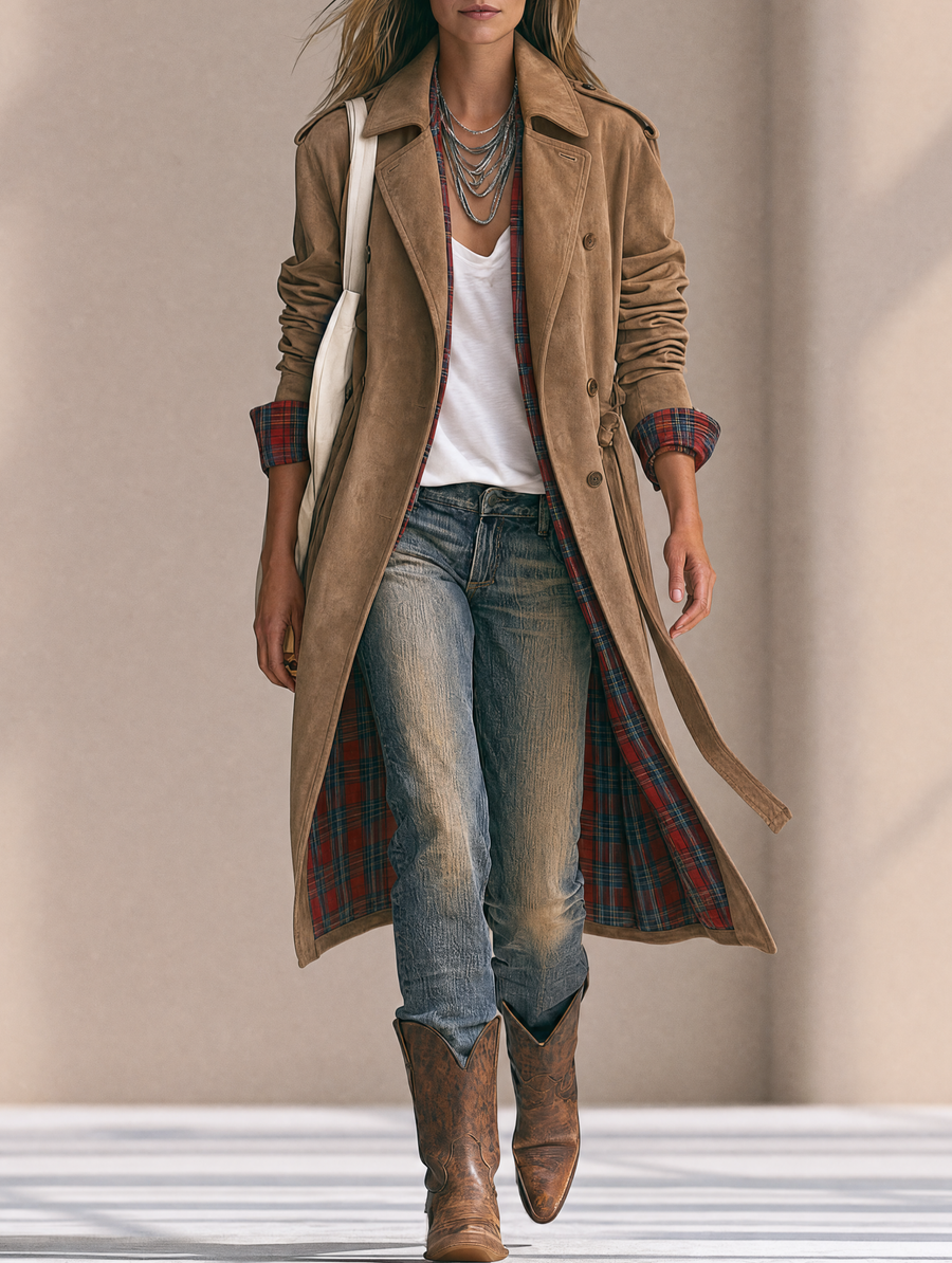 Women's Vintage-Style Suede Double-Breasted Coat With Plaid Lining
