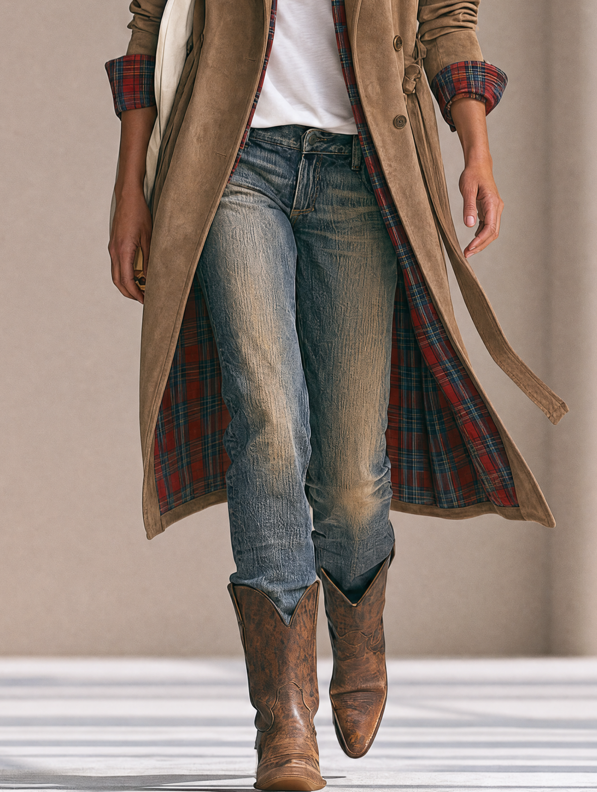 Women's Vintage-Style Suede Double-Breasted Coat With Plaid Lining