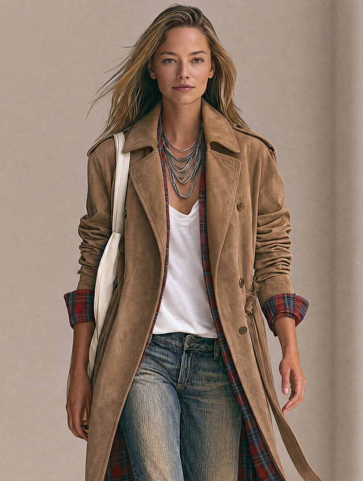Women's Vintage-Style Suede Double-Breasted Coat With Plaid Lining