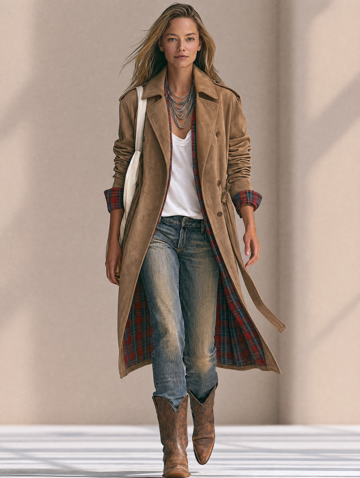 Women's Vintage-Style Suede Double-Breasted Coat With Plaid Lining