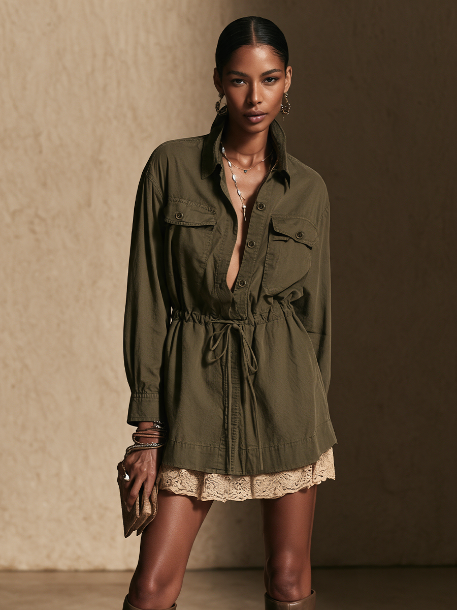 Women's Tie Waist Casual Shirt Style Mini Dress