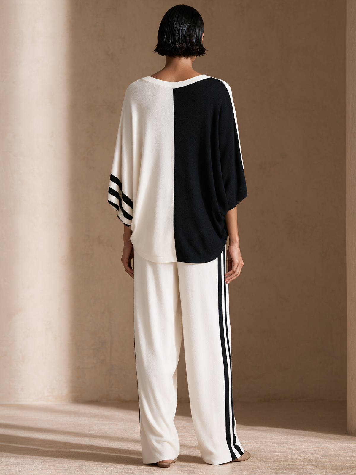 Women's Color-Blocked Casual Sweater And Wide-Leg Pants Set