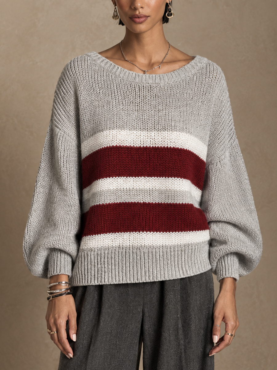 Women's Contrast Stripe Casual Round Neck Pullover Sweater